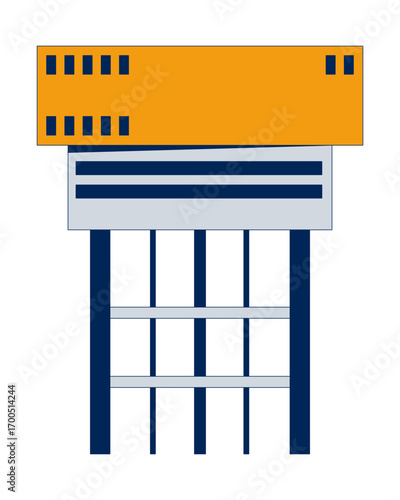 Offshore oil rig control building with support structure 2D cartoon object. Elevated modular unit, industrial living quarters tower isolated element flat vector clip art on white. Spot illustration