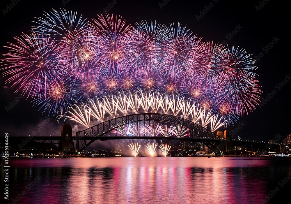 Fototapeta premium Spectacular fireworks display illuminates sydney harbour bridge at night