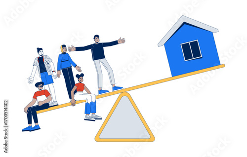 Housing demand low supply 2D illustration concept. House shortage. Real estate market imbalance on seesaw with diverse people cartoon characters isolated on white. Flat abstract vector metaphor