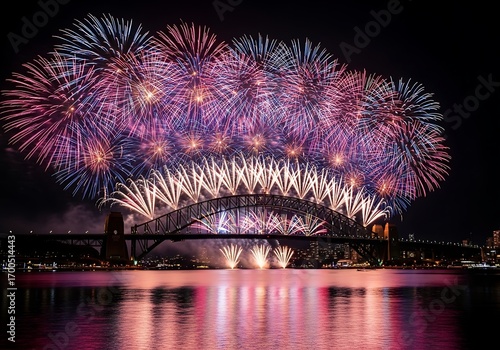 Spectacular fireworks display illuminates sydney harbour bridge at night