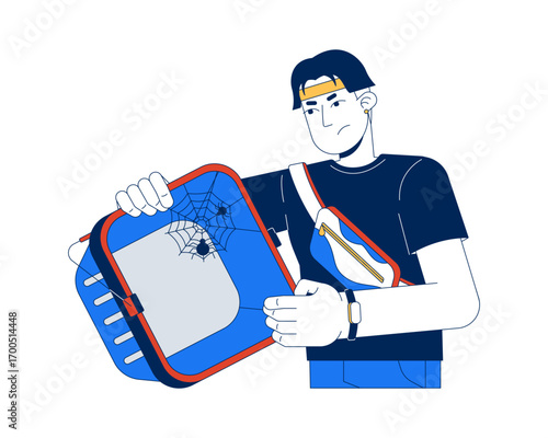 Product deficit 2D illustration concept. Scarcity of goods. Disappointed asian man looking at empty shopping basket with cobwebs cartoon character isolated on white. Flat abstract vector metaphor