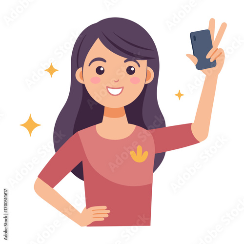 Selfie with a Smile: A cheerful female figure takes a selfie, holding her phone high and flashing a victory sign, radiating positivity and joy.