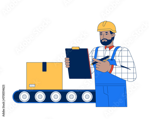 Supply chain 2D vector illustration. Factory worker inspecting conveyor belt. Black male warehouse manager writing clipboard flat character isolated on white background. Colorful cartoon image
