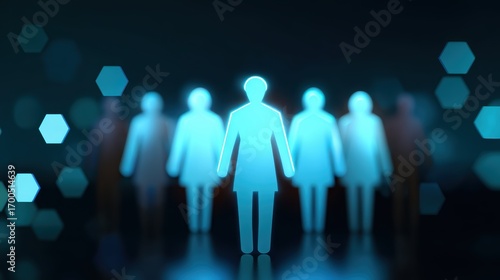 Teamwork and business success illustration, flat minimal icons, glowing futuristic digital background