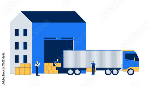 Warehouse 2D vector illustration. Supply chain shipping. Logistics workers loading cardboard boxes into delivery truck flat faceless characters isolated on white background. Colorful cartoon image