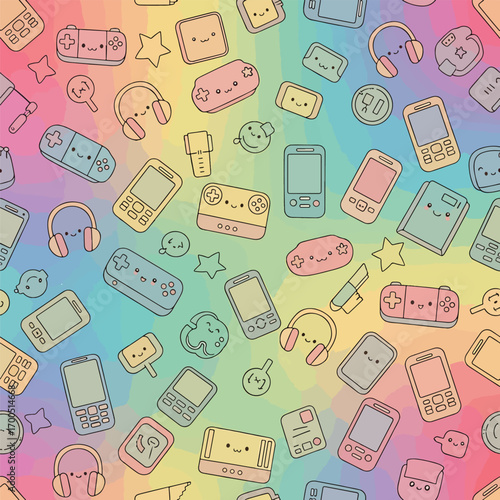 Cute gadget pattern with rainbow watercolor background illustration design, seamless pattern, Stock royalty.