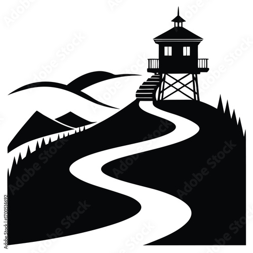 Watchtower Silhouette Atop Hill With Winding Path And Mountain Views, Black and White