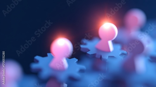 Teamwork and business success concept, flat minimal icons, glowing abstract digital background