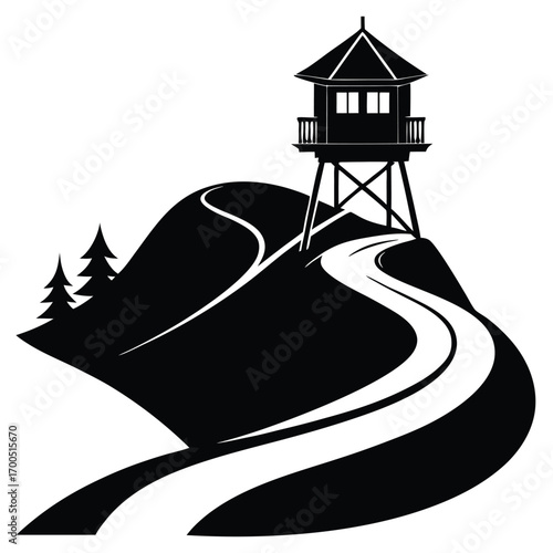 Silhouette of Guard Tower on Hilltop with Winding Path and Pine Trees Graphic