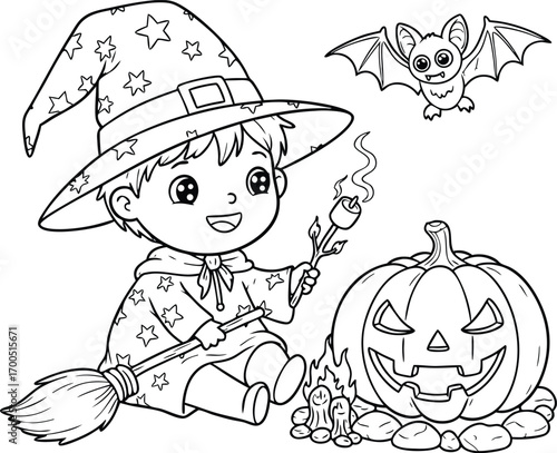 Cute little wizard roasting marshmallow by a jack o lantern and friendly bat illustration