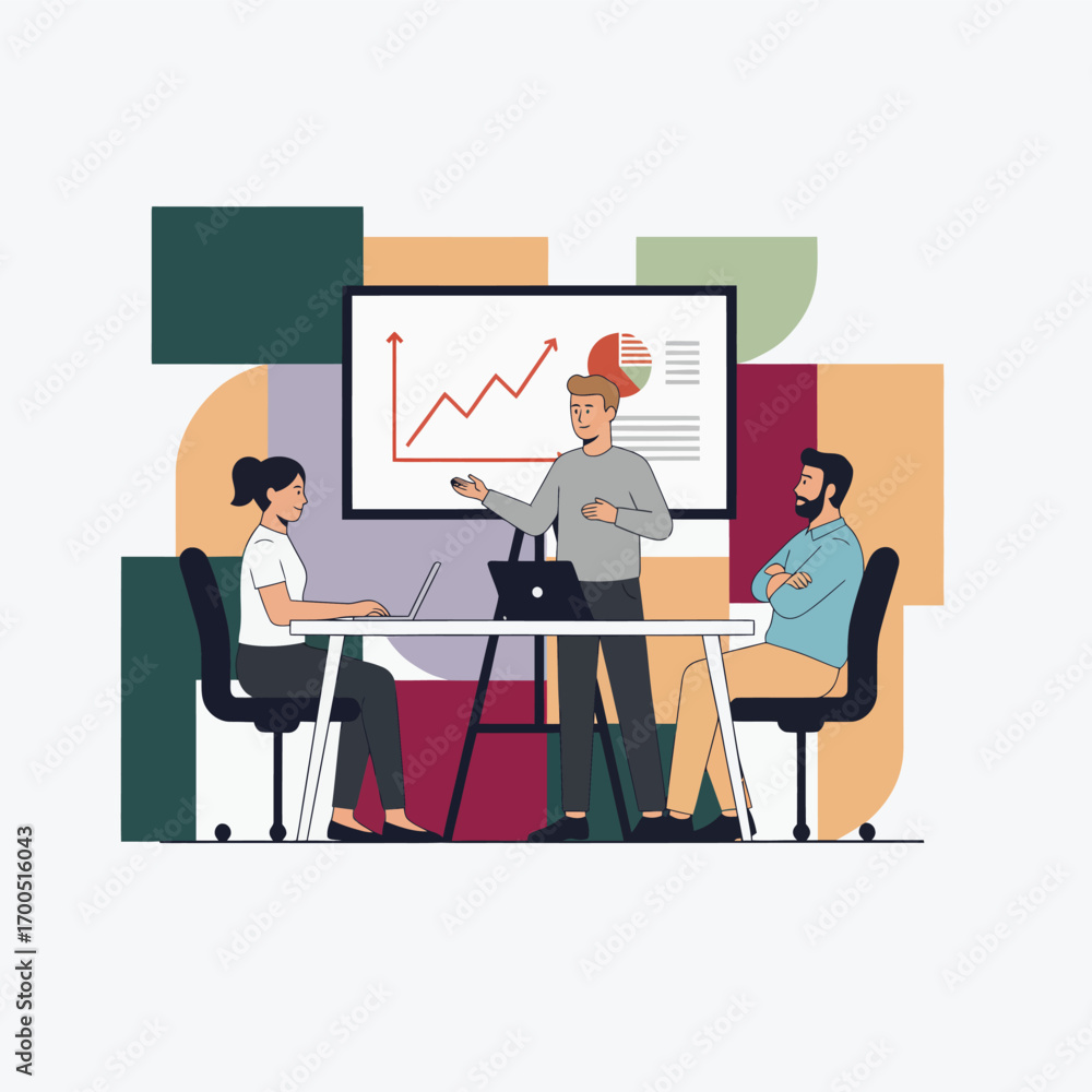 Fototapeta premium Flat Vector Illustration of Business Activities — Teamwork, Office Work, and Corporate People