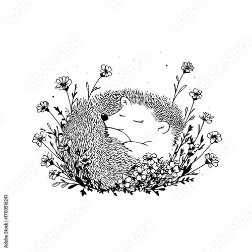 Illustration of a sleeping hedgehog curled up surrounded by a variety of flowers and foliage drawing