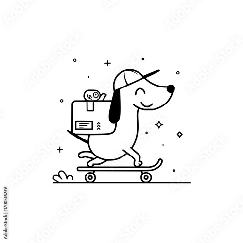 A cartoon dachshund wearing a cap and delivering a package on a skateboard in black and white style