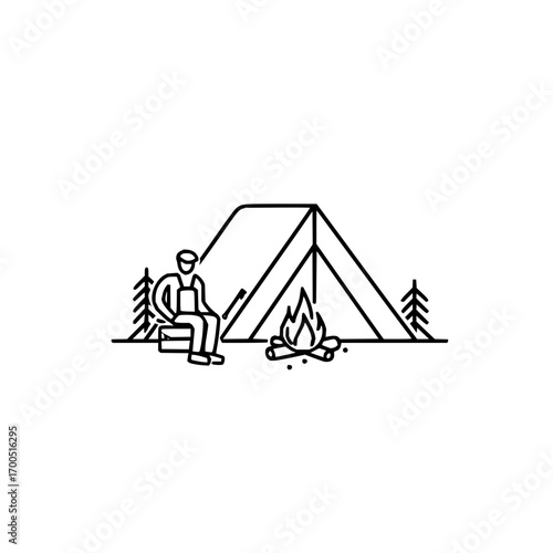 A minimalist line drawing of a person camping with a tent campfire and trees in black and white style