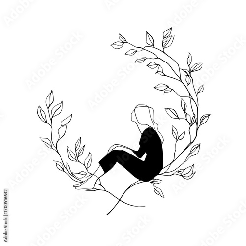 Silhouette of a woman seated within a circular frame of branches and leaves in a minimalist style art