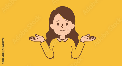 Cartoon woman with confused expression and shrugging shoulders, on yellow background