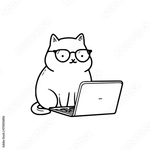 Cartoon cat with glasses sitting in front of a laptop computer in a black and white illustration
