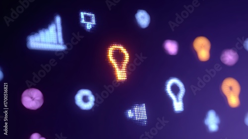 Business success and innovation, flat minimal icons, glowing futuristic digital abstract patterns