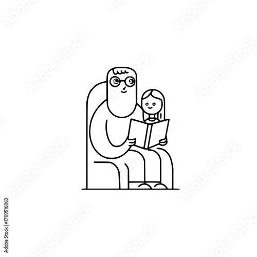 Grandfather reading a book to his granddaughter while sitting in a chair in a simple line art style