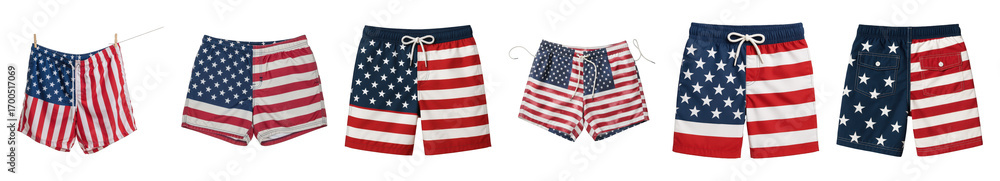 Obraz premium American flag swim shorts set including draped, flat lay, front, and back views isolated. Patriotic summer apparel collection.