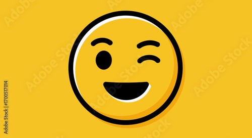 Winking emoji icon design on a bright yellow background for digital communication
