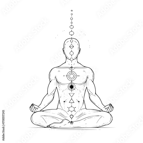 Meditating figure with geometric symbols aligned vertically above the head and down the center of the body