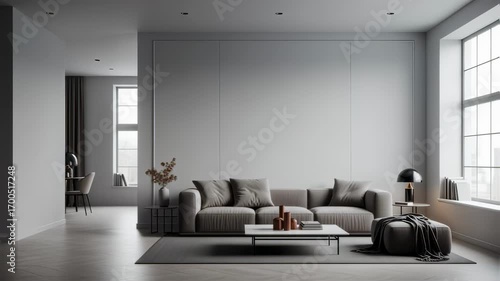 Wide angle view of a spacious living room featuring fullwall skimcoated plaster emphasizing clean lines and a pristine smooth finish for contemporary design.