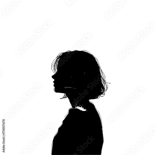 Silhouette of a woman with short hair looking left against a white background in a simple illustration