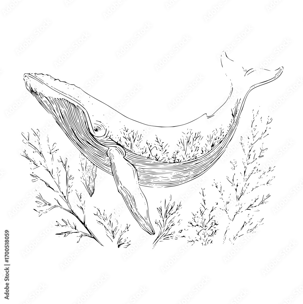 Fototapeta premium Whale swimming among seaweeds in black and white line art style with detailed textures and ocean flora