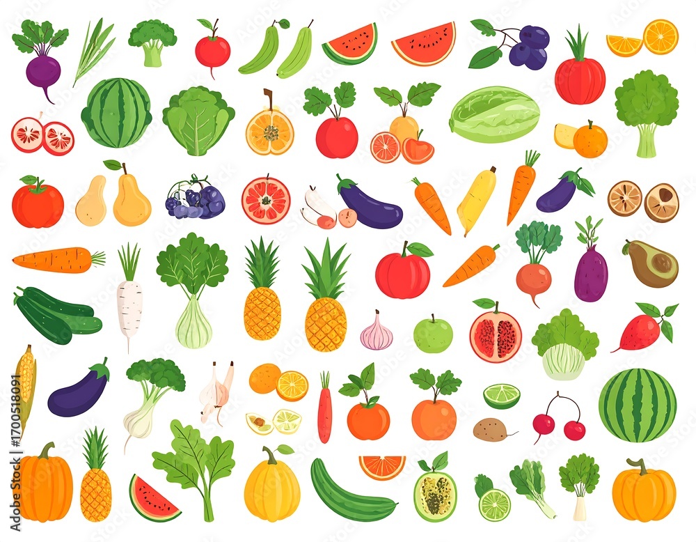 Obraz premium Colorful collection of various fruits and vegetables displayed in a flat design style.