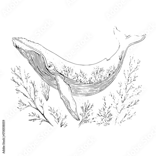 Whale swimming among seaweeds in black and white line art style with detailed textures and ocean flora