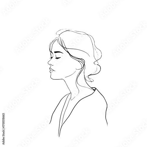 A simple line drawing of a woman with her eyes closed and wavy hair in a side profile on a white background