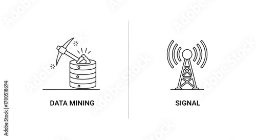 Vector illustration of set of two icons representing data mining with a pickaxe and database, and signal transmission with a cell tower