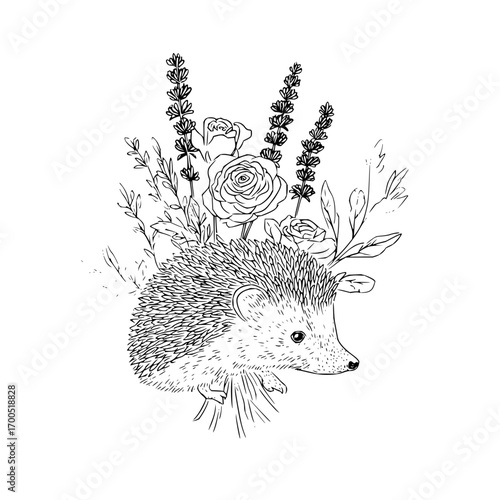 A detailed line drawing of a hedgehog surrounded by roses lavender and other foliage on a white background