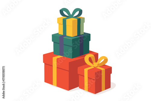 Colorful stacked gifts with ribbons in modern flat style wrapped gift boxes stack