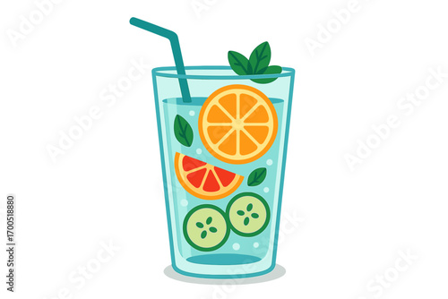 Refreshing drink with citrus and cucumber slices in clear glass glass of detox water