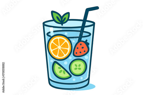 Refreshing citrus drink with lime, orange, cucumber, and strawberry couple with fireworks