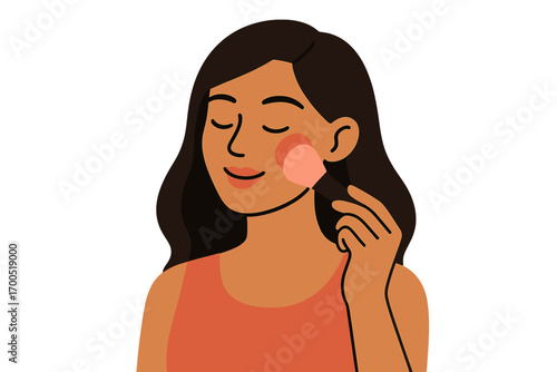 Woman applying blush with brush and smiling in modern style 