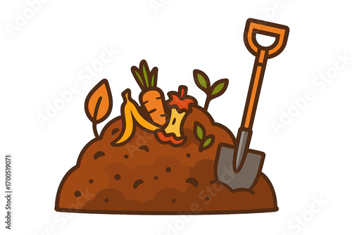 Gardening compost heap with vegetables and shovel illustration compost pile with shovel