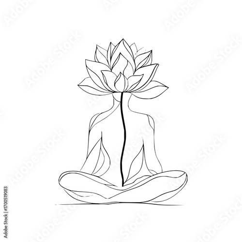 Line drawing of a figure in lotus position with a lotus flower for a head and spinal column visible