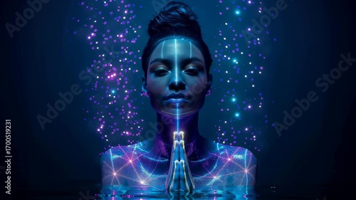 Meditative woman surrounded by glowing particles in a tranquil dark setting