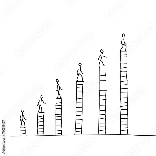 Stick figures ascending ladders of increasing height in a linear progression on a white background