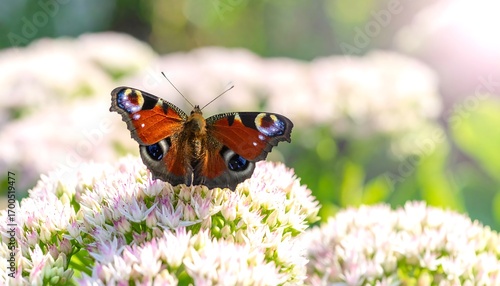 A magnificent peacock butterfly rests gracefully on a cluster of delicate, white flowers, bathed in soft sunlight.