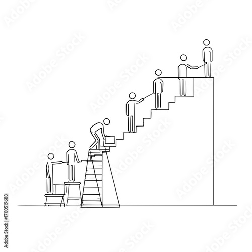 Stick figures collaborating to climb stairs using ladder and stools to reach top platform outline
