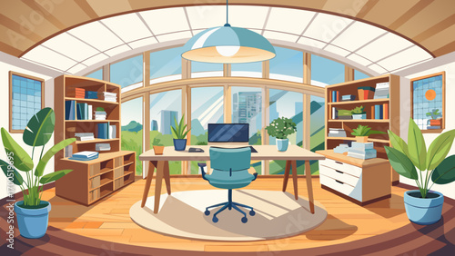 Very beautiful panoramic 360 panorama view of a Scandinavian-style office, with a light oak desk, white minimalist chair, clean shelves, and potted greenery, exuding warmth, simplicity, and natural el