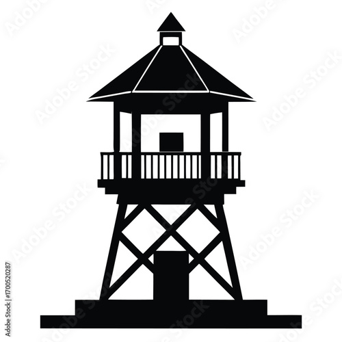Silhouette of a TwoStory Lookout Tower with Gabled Roof and Cross Beam Supports