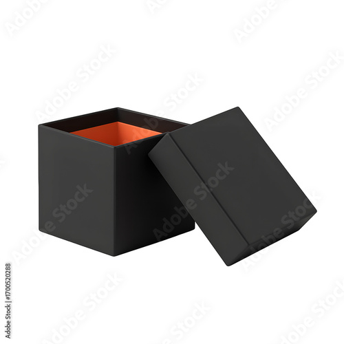 Open black gift box with orange interior isolated on transparent background