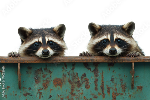 Two raccoons peeking out of a worn green metal trash bin, curious expressions, isolated on a transparent background.