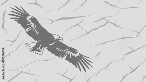 A grayscale illustration of an eagle soaring above cracked earth.