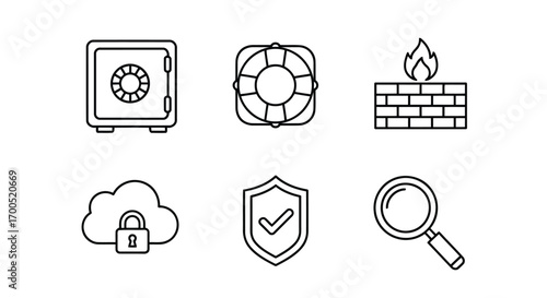 Vector illustration of collection of security and safety icons including a safe, lifebuoy, firewall, cloud lock, shield, and magnifying glass